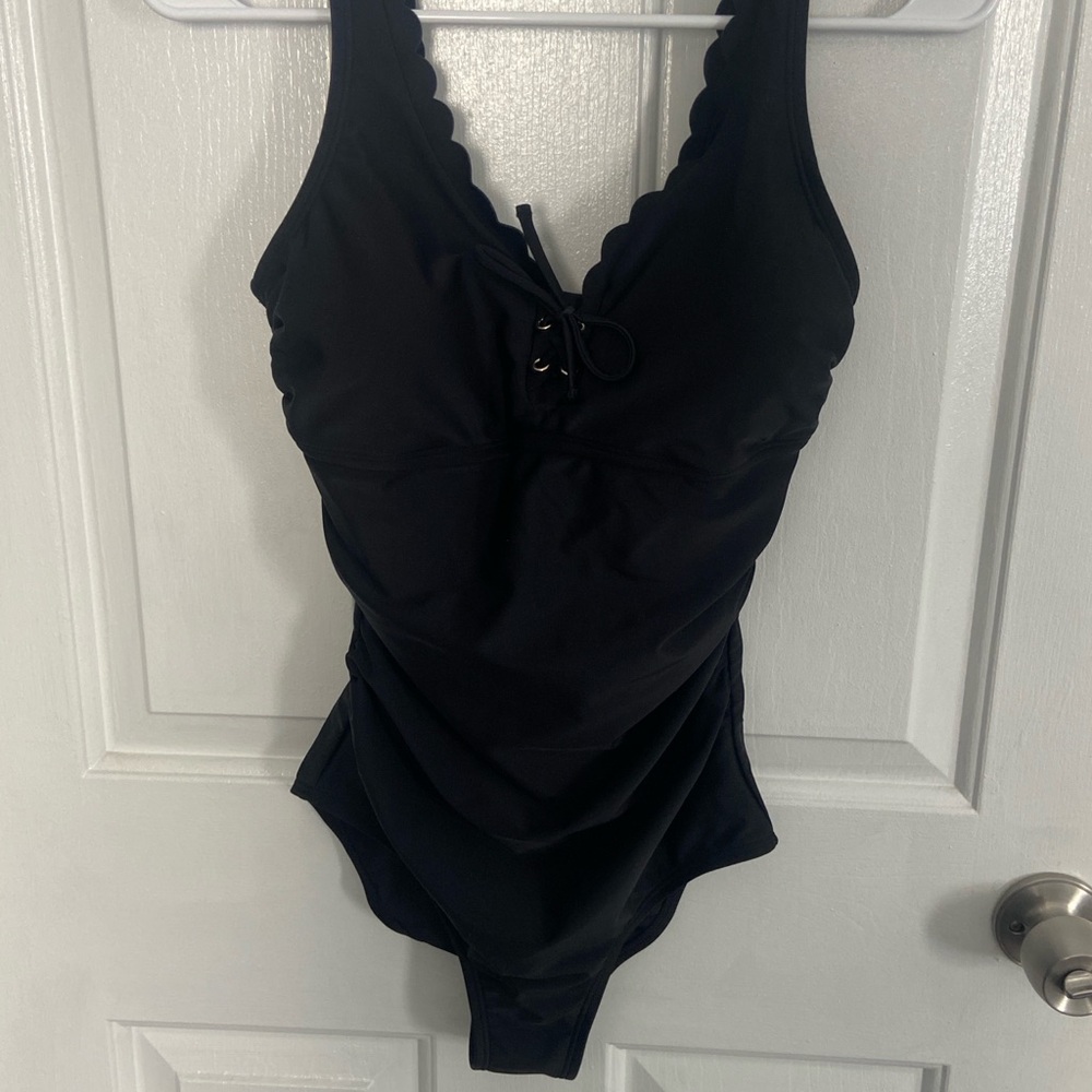 Kona Sol Black Scallop One Piece Swimsuit